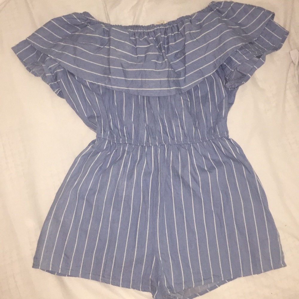 Pinstripe blue and white off the shoulder romper